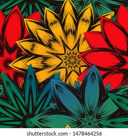 Seamless floral background. The gradient can be off. Tracery handmade nature ethnic fabric backdrop pattern with flowers. Textile design texture. Decorative color art. Vector
