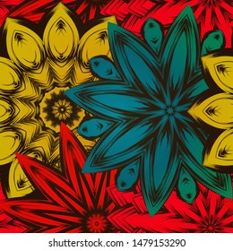 Seamless floral background. The gradient can be off. Tracery handmade nature ethnic fabric backdrop pattern with flowers. Textile design texture. Decorative color art. Vector