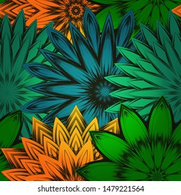 Seamless floral background. The gradient can be off. Tracery handmade nature ethnic fabric backdrop pattern with flowers. Textile design texture. Decorative color art. Vector