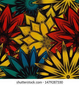 Seamless floral background. The gradient can be off. Tracery handmade nature ethnic fabric backdrop pattern with flowers. Textile design texture. Decorative color art. Vector