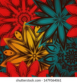 Seamless floral background. The gradient can be off. Tracery handmade nature ethnic fabric backdrop pattern with flowers. Textile design texture. Decorative color art. Vector