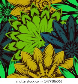 Seamless floral background. The gradient can be off. Tracery handmade nature ethnic fabric backdrop pattern with flowers. Textile design texture. Decorative color art. Vector