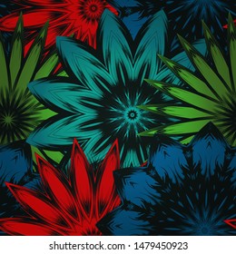 Seamless floral background. The gradient can be off. Tracery handmade nature ethnic fabric backdrop pattern with flowers. Textile design texture. Decorative color art. Vector