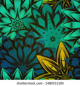 Seamless floral background. The gradient can be off. Tracery handmade nature ethnic fabric backdrop pattern with flowers. Textile design texture. Decorative color art. Vector