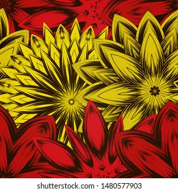 Seamless floral background. The gradient can be off. Tracery handmade nature ethnic fabric backdrop pattern with flowers. Textile design texture. Decorative color art. Vector