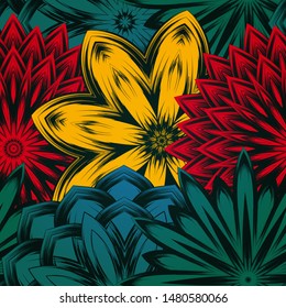Seamless floral background. The gradient can be off. Tracery handmade nature ethnic fabric backdrop pattern with flowers. Textile design texture. Decorative color art. Vector
