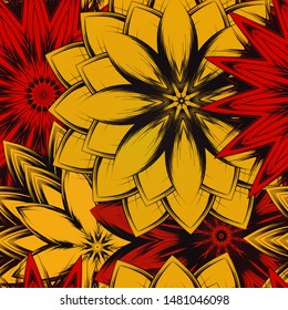 Seamless floral background. The gradient can be off. Tracery handmade nature ethnic fabric backdrop pattern with flowers. Textile design texture. Decorative color art. Vector