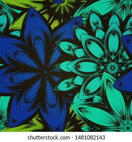 Seamless floral background. The gradient can be off. Tracery handmade nature ethnic fabric backdrop pattern with flowers. Textile design texture. Decorative color art. Vector