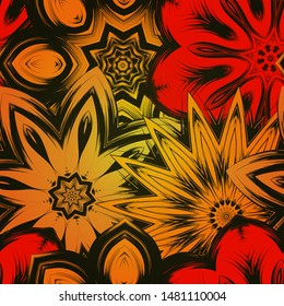 Seamless floral background. The gradient can be off. Tracery handmade nature ethnic fabric backdrop pattern with flowers. Textile design texture. Decorative color art. Vector