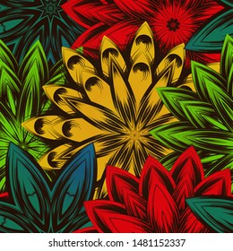 Seamless floral background. The gradient can be off. Tracery handmade nature ethnic fabric backdrop pattern with flowers. Textile design texture. Decorative color art. Vector
