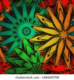 Seamless floral background. The gradient can be off. Tracery handmade nature ethnic fabric backdrop pattern with flowers. Textile design texture. Decorative color art. Vector