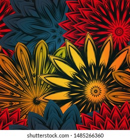 Seamless floral background. The gradient can be off. Tracery handmade nature ethnic fabric backdrop pattern with flowers. Textile design texture. Decorative color art. Vector