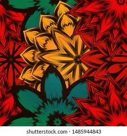 Seamless floral background. The gradient can be off. Tracery handmade nature ethnic fabric backdrop pattern with flowers. Textile design texture. Decorative color art. Vector