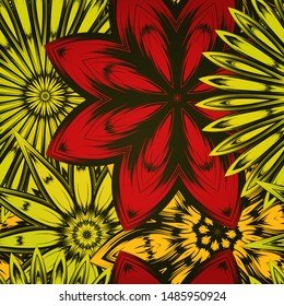 Seamless floral background. The gradient can be off. Tracery handmade nature ethnic fabric backdrop pattern with flowers. Textile design texture. Decorative color art. Vector