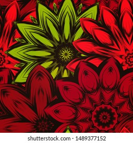 Seamless floral background. The gradient can be off. Tracery handmade nature ethnic fabric backdrop pattern with flowers. Textile design texture. Decorative color art. Vector