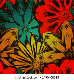 Seamless floral background. The gradient can be off. Tracery handmade nature ethnic fabric backdrop pattern with flowers. Textile design texture. Decorative color art. Vector