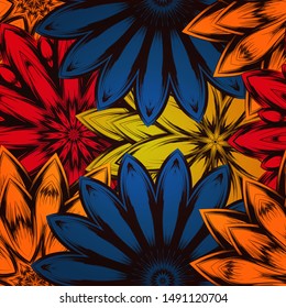 Seamless floral background. The gradient can be off. Tracery handmade nature ethnic fabric backdrop pattern with flowers. Textile design texture. Decorative color art. Vector