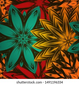 Seamless floral background. The gradient can be off. Tracery handmade nature ethnic fabric backdrop pattern with flowers. Textile design texture. Decorative color art. Vector