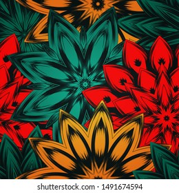 Seamless floral background. The gradient can be off. Tracery handmade nature ethnic fabric backdrop pattern with flowers. Textile design texture. Decorative color art. Vector