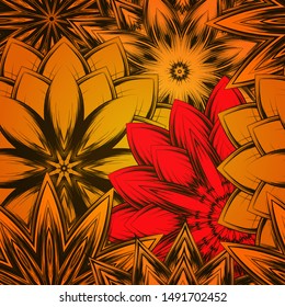 Seamless floral background. The gradient can be off. Tracery handmade nature ethnic fabric backdrop pattern with flowers. Textile design texture. Decorative color art. Vector
