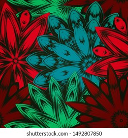 Seamless floral background. The gradient can be off. Tracery handmade nature ethnic fabric backdrop pattern with flowers. Textile design texture. Decorative color art. Vector