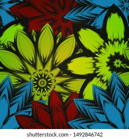 Seamless floral background. The gradient can be off. Tracery handmade nature ethnic fabric backdrop pattern with flowers. Textile design texture. Decorative color art. Vector