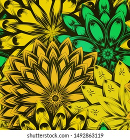 Seamless floral background. The gradient can be off. Tracery handmade nature ethnic fabric backdrop pattern with flowers. Textile design texture. Decorative color art. Vector