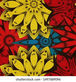 Seamless floral background. The gradient can be off. Tracery handmade nature ethnic fabric backdrop pattern with flowers. Textile design texture. Decorative color art. Vector