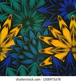 Seamless floral background. The gradient can be off. Tracery handmade nature ethnic fabric backdrop pattern with flowers. Textile design texture. Decorative color art. Vector