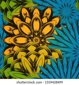 Seamless floral background. The gradient can be off. Tracery handmade nature ethnic fabric backdrop pattern with flowers. Textile design texture. Decorative color art. Vector