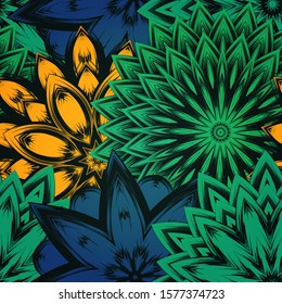 Seamless floral background. The gradient can be off. Tracery handmade nature ethnic fabric backdrop pattern with flowers. Textile design texture. Decorative color art. Vector