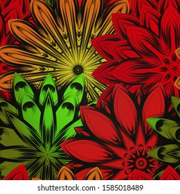 Seamless floral background. The gradient can be off. Tracery handmade nature ethnic fabric backdrop pattern with flowers. Textile design texture. Decorative color art. Vector