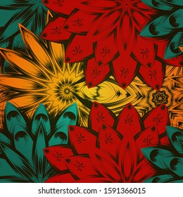Seamless floral background. The gradient can be off. Tracery handmade nature ethnic fabric backdrop pattern with flowers. Textile design texture. Decorative color art. Vector