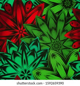 Seamless floral background. The gradient can be off. Tracery handmade nature ethnic fabric backdrop pattern with flowers. Textile design texture. Decorative color art. Vector