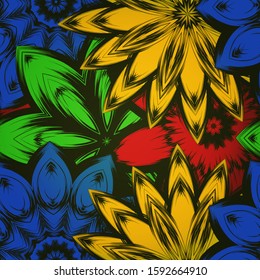 Seamless floral background. The gradient can be off. Tracery handmade nature ethnic fabric backdrop pattern with flowers. Textile design texture. Decorative color art. Vector