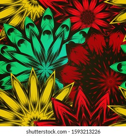 Seamless floral background. The gradient can be off. Tracery handmade nature ethnic fabric backdrop pattern with flowers. Textile design texture. Decorative color art. Vector