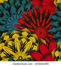 Seamless floral background. The gradient can be off. Tracery handmade nature ethnic fabric backdrop pattern with flowers. Textile design texture. Decorative color art. Vector
