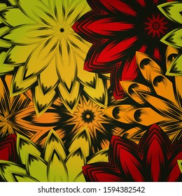 Seamless floral background. The gradient can be off. Tracery handmade nature ethnic fabric backdrop pattern with flowers. Textile design texture. Decorative color art. Vector