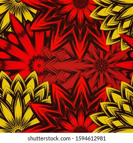 Seamless floral background. The gradient can be off. Tracery handmade nature ethnic fabric backdrop pattern with flowers. Textile design texture. Decorative color art. Vector