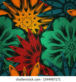 Seamless floral background. The gradient can be off. Tracery handmade nature ethnic fabric backdrop pattern with flowers. Textile design texture. Decorative color art. Vector