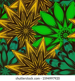 Seamless floral background. The gradient can be off. Tracery handmade nature ethnic fabric backdrop pattern with flowers. Textile design texture. Decorative color art. Vector