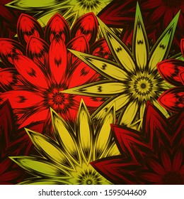 Seamless floral background. The gradient can be off. Tracery handmade nature ethnic fabric backdrop pattern with flowers. Textile design texture. Decorative color art. Vector