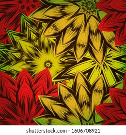 Seamless floral background. The gradient can be off. Tracery handmade nature ethnic fabric backdrop pattern with flowers. Textile design texture. Decorative color art. Vector