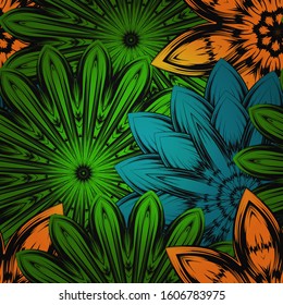 Seamless floral background. The gradient can be off. Tracery handmade nature ethnic fabric backdrop pattern with flowers. Textile design texture. Decorative color art. Vector