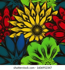 Seamless floral background. The gradient can be off. Tracery handmade nature ethnic fabric backdrop pattern with flowers. Textile design texture. Decorative color art. Vector