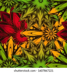 Seamless floral background. The gradient can be off. Tracery handmade nature ethnic fabric backdrop pattern with flowers. Textile design texture. Decorative color art. Vector