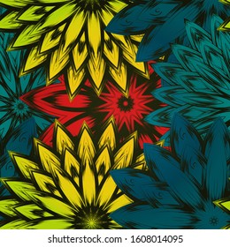 Seamless floral background. The gradient can be off. Tracery handmade nature ethnic fabric backdrop pattern with flowers. Textile design texture. Decorative color art. Vector