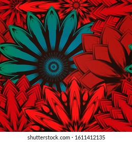 Seamless floral background. The gradient can be off. Tracery handmade nature ethnic fabric backdrop pattern with flowers. Textile design texture. Decorative color art. Vector