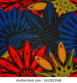 Seamless floral background. The gradient can be off. Tracery handmade nature ethnic fabric backdrop pattern with flowers. Textile design texture. Decorative color art. Vector