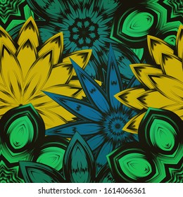 Seamless floral background. The gradient can be off. Tracery handmade nature ethnic fabric backdrop pattern with flowers. Textile design texture. Decorative color art. Vector